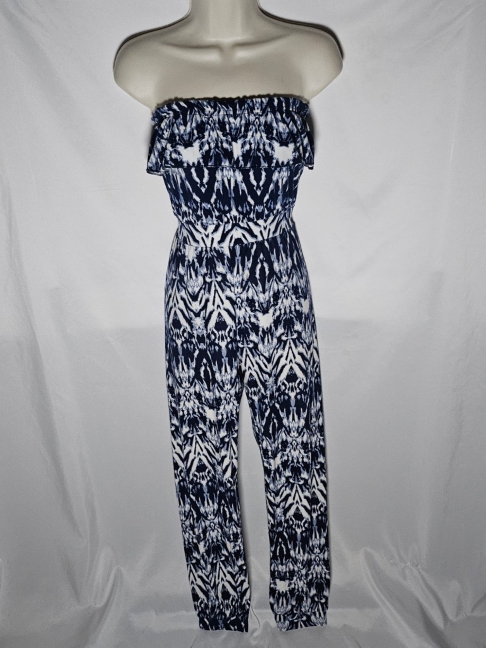 Rue 21 Blue White One Piece Strapless Jumpsuit Tie Back Ikat Abstract Print Sz S